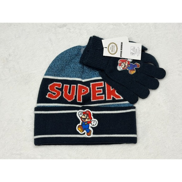 Nintendo Other - Super Mario Bros Nintendo NWT Knit Youth Hat & Gloves Set Cuffed Pom Beanie